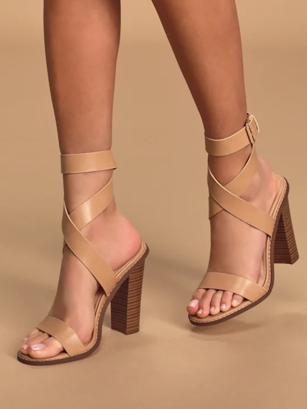 Lulu's Nude Tan Wrap-Ankle Block Heel Sandals - Picture 3 of 7